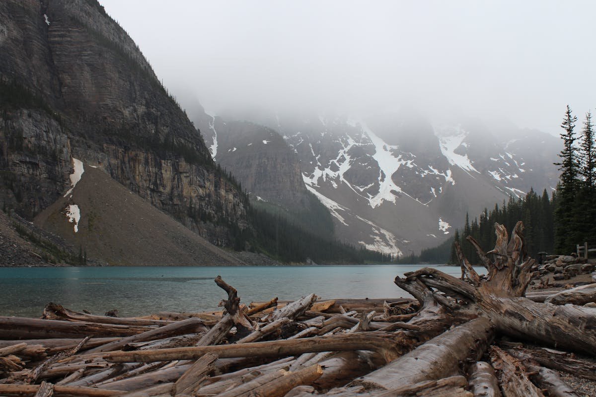 Mountain lake with perfect reflection of Canadian Rockies peaks Banff National Park Alberta
