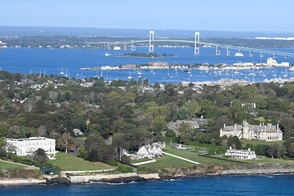 Newport Mansions Rhode Island aerial coastline Cliff Walk Gilded Age estates