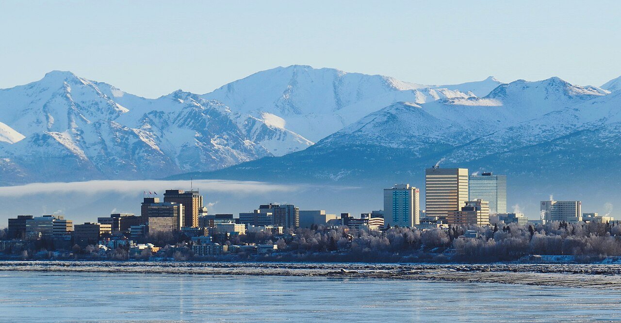 Downtown Anchorage Alaska panoramic skyline with Chugach Mountains in background