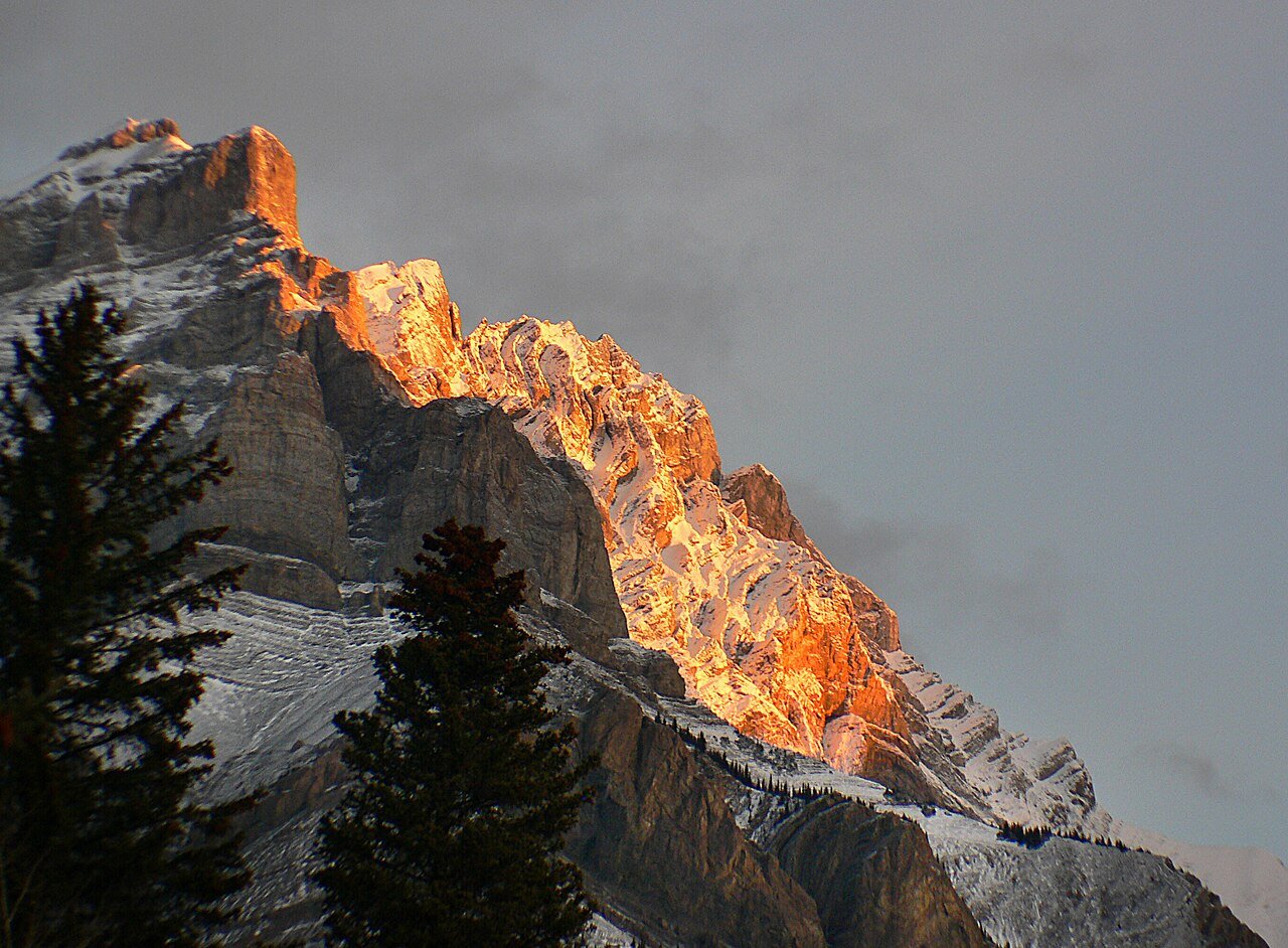 Banff townsite nestled in the Canadian Rockies with mountain backdrop Alberta Canada