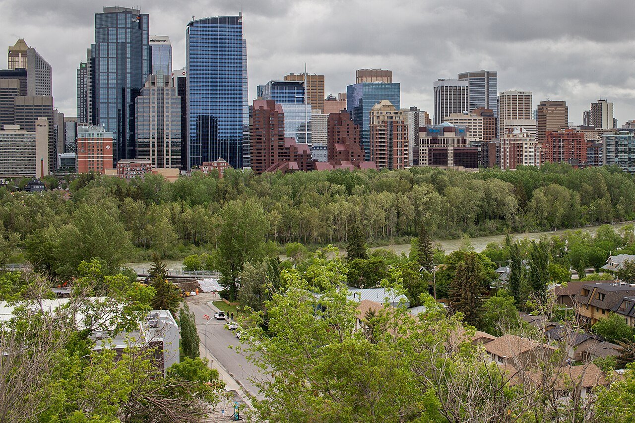 Calgary city skyline in autumn with Bow River Alberta Canada