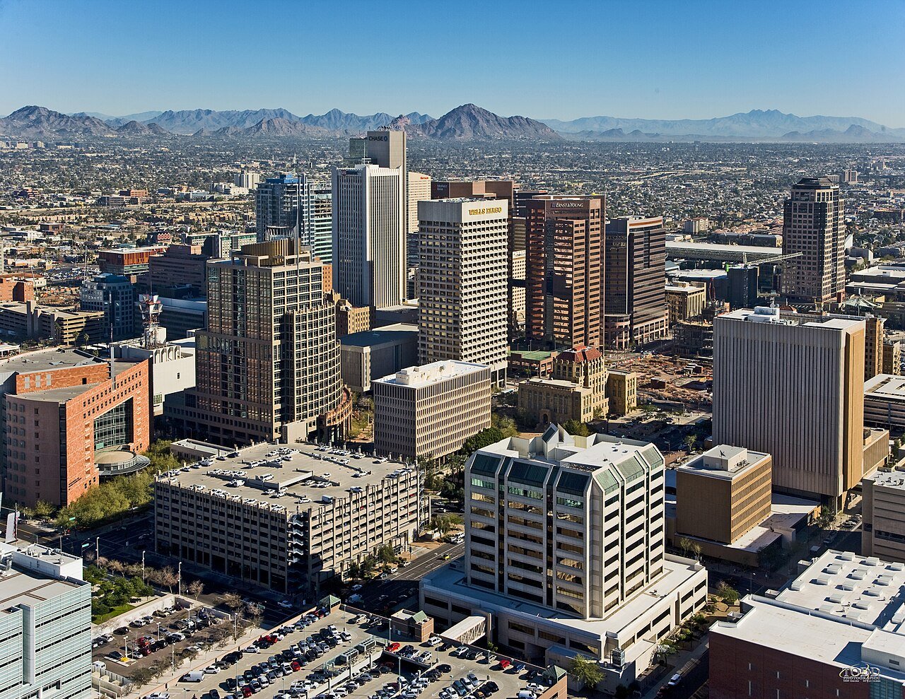Downtown Phoenix aerial view looking northeast Arizona city grid urban layout