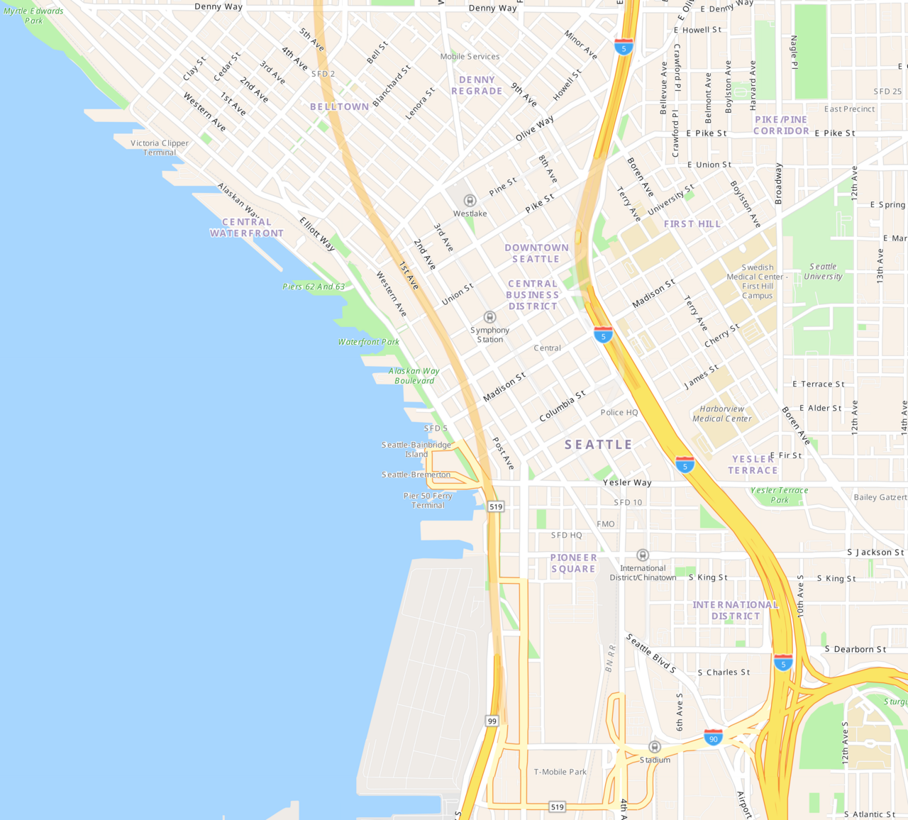 Downtown Seattle Washington State aerial city grid streets neighborhoods urban layout