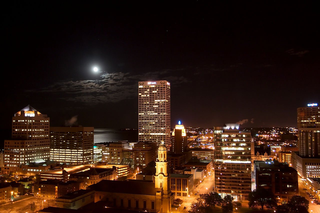 Milwaukee Wisconsin skyline at night Lake Michigan Great Lakes urban downtown brewery city