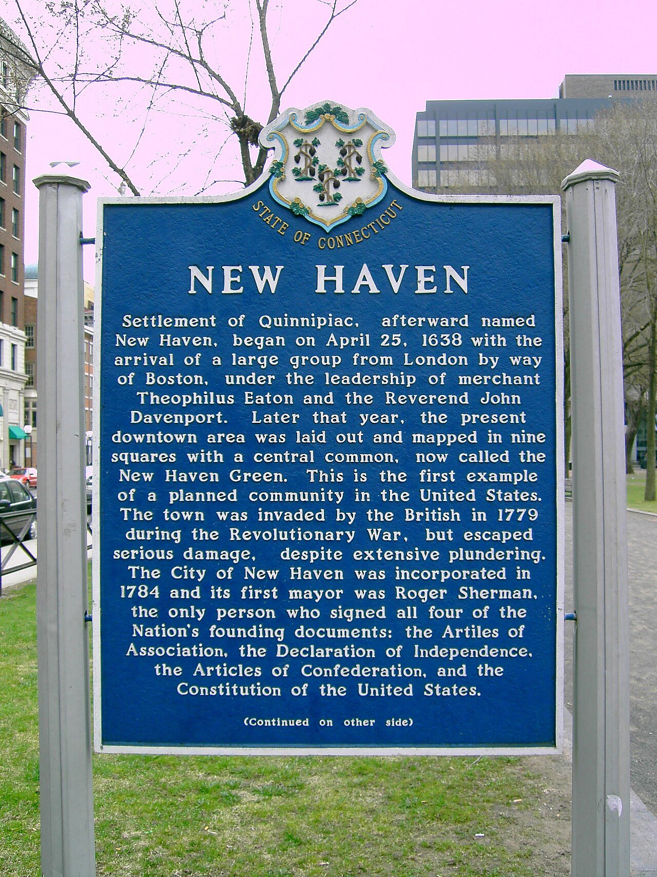 New Haven Connecticut welcome sign and streetscape