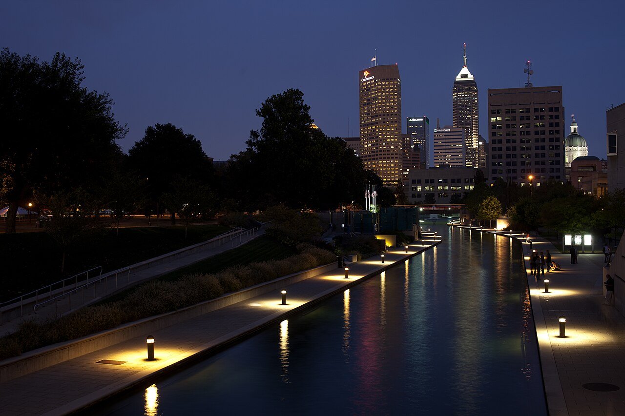 Indianapolis Indiana city skyline at night downtown lights urban panorama