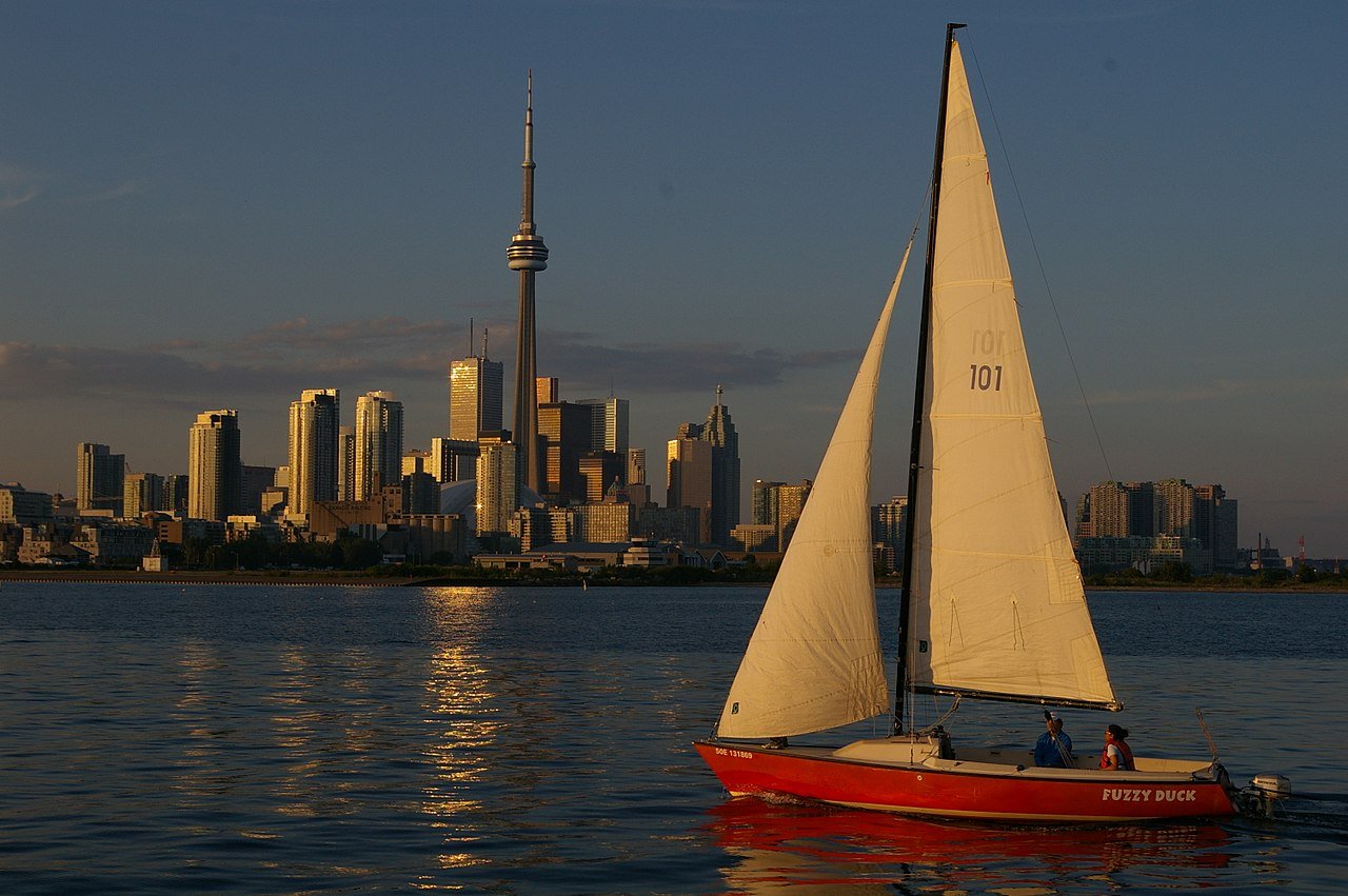 Toronto skyline sunset panorama viewed from Snake Island Lake Ontario Canada