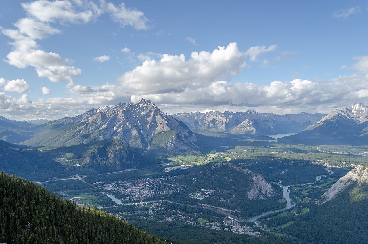 Banff townsite and Bow Valley viewed from the summit of Sulphur Mountain — the classic panoramic view of Canada's most famous mountain town