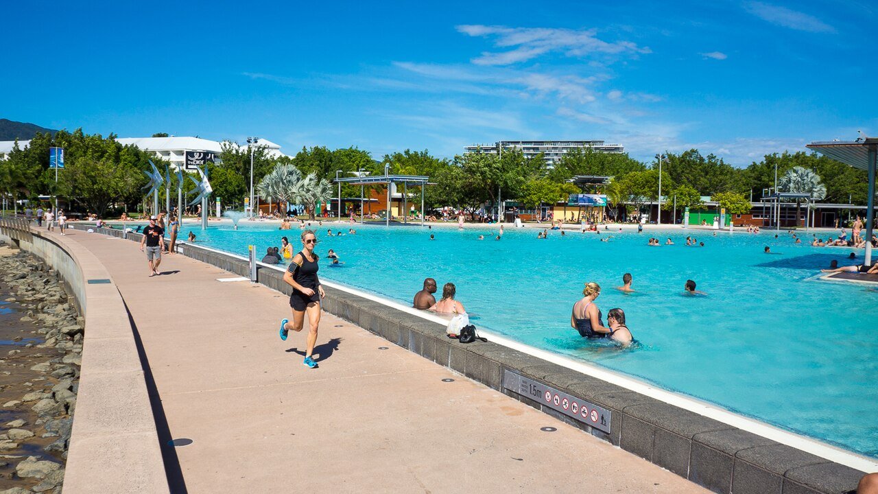 Cairns Esplanade Lagoon swimming pool Queensland Australia — the free public swimming lagoon on Cairns waterfront, one of the best urban swimming facilities in Australia