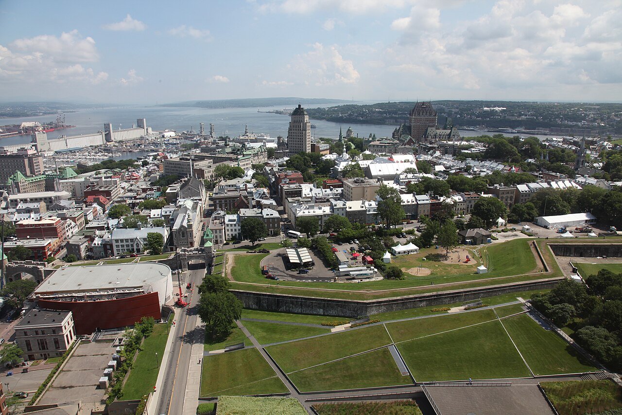 Aerial view of Old Quebec City showing the Château Frontenac, the fortified walls, and the historic Vieux-Québec district — a UNESCO World Heritage Site