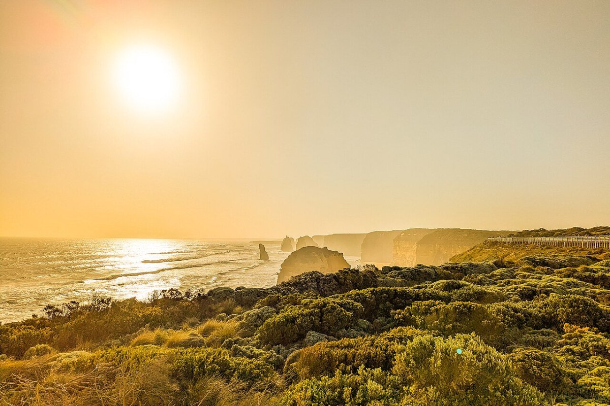 Twelve Apostles limestone stacks at sunset Great Ocean Road Victoria Australia