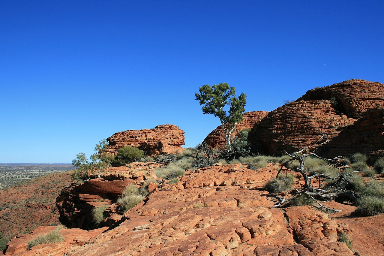 Kings Canyon rim walk view in Watarrka National Park Northern Territory — dramatic red sandstone walls and the Garden of Eden valley below