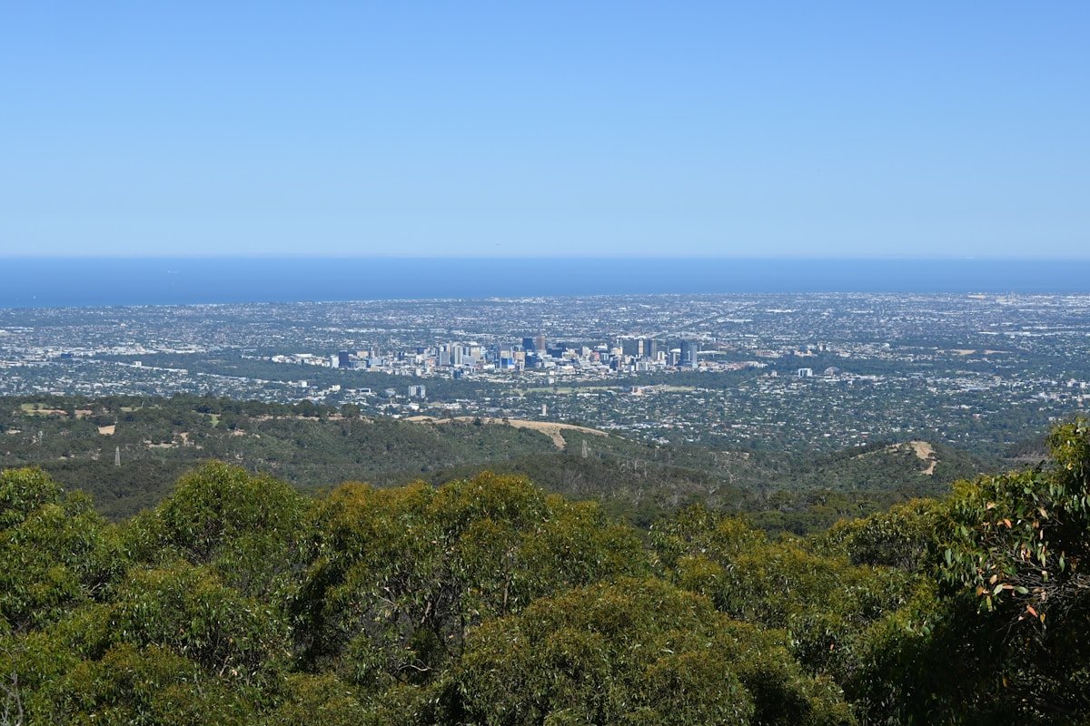 Adelaide South Australia city skyline from Adelaide Hills eucalyptus ocean horizon