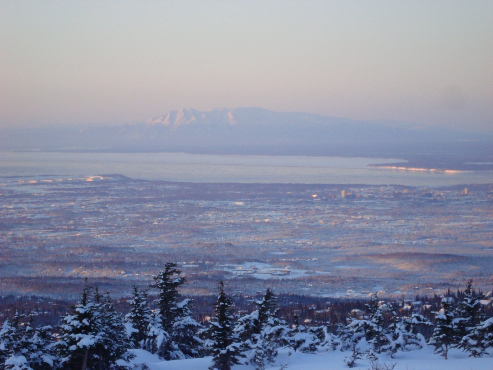 Anchorage Alaska city overview Sleeping Lady mountain Cook Inlet winter panorama