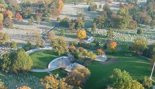 Arlington National Cemetery aerial view white grave markers JFK memorial Virginia autumn