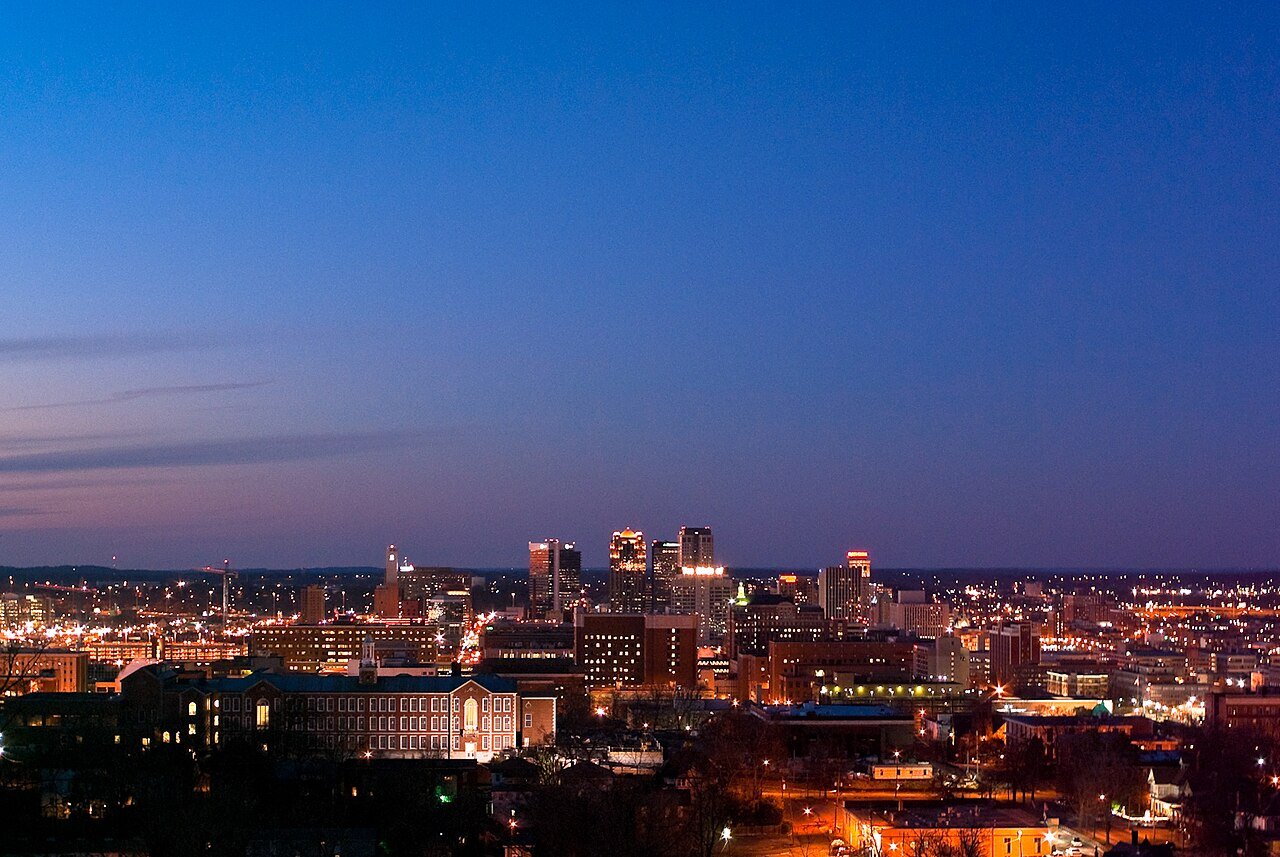 Birmingham Alabama at dusk Magic City skyline twilight aerial view