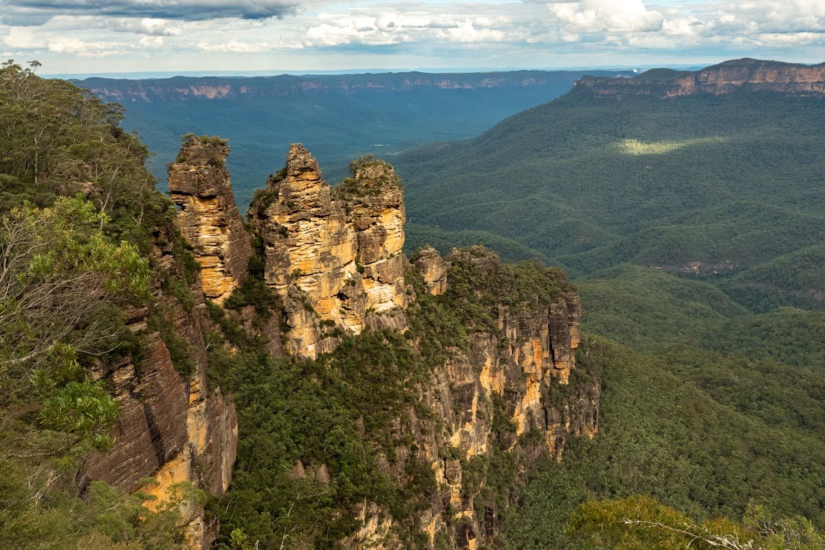 Three Sisters sandstone rock formation at Echo Point Katoomba Blue Mountains New South Wales Australia