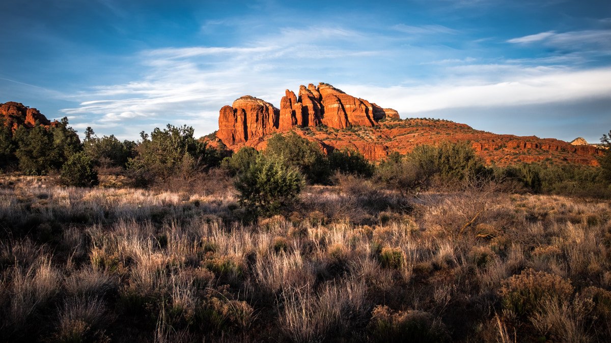 Cathedral Rock Sedona Arizona red sandstone formations golden hour landscape desert scrub Southwest USA