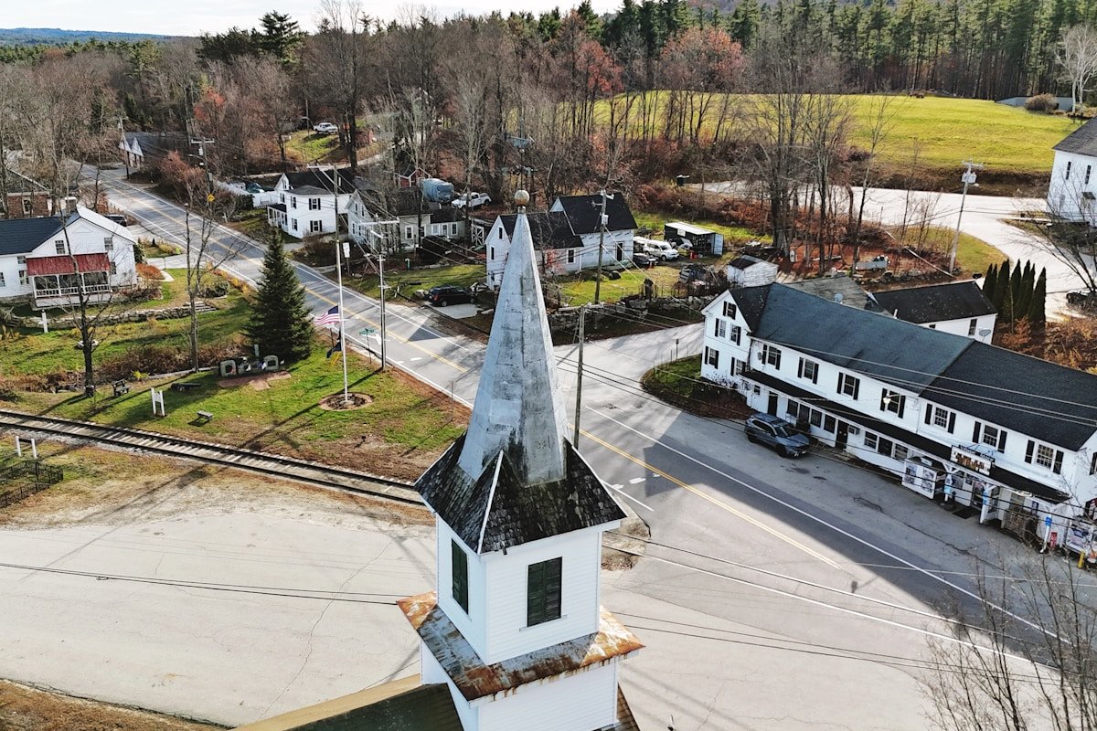 Connecticut New England small town village church aerial view historic buildings