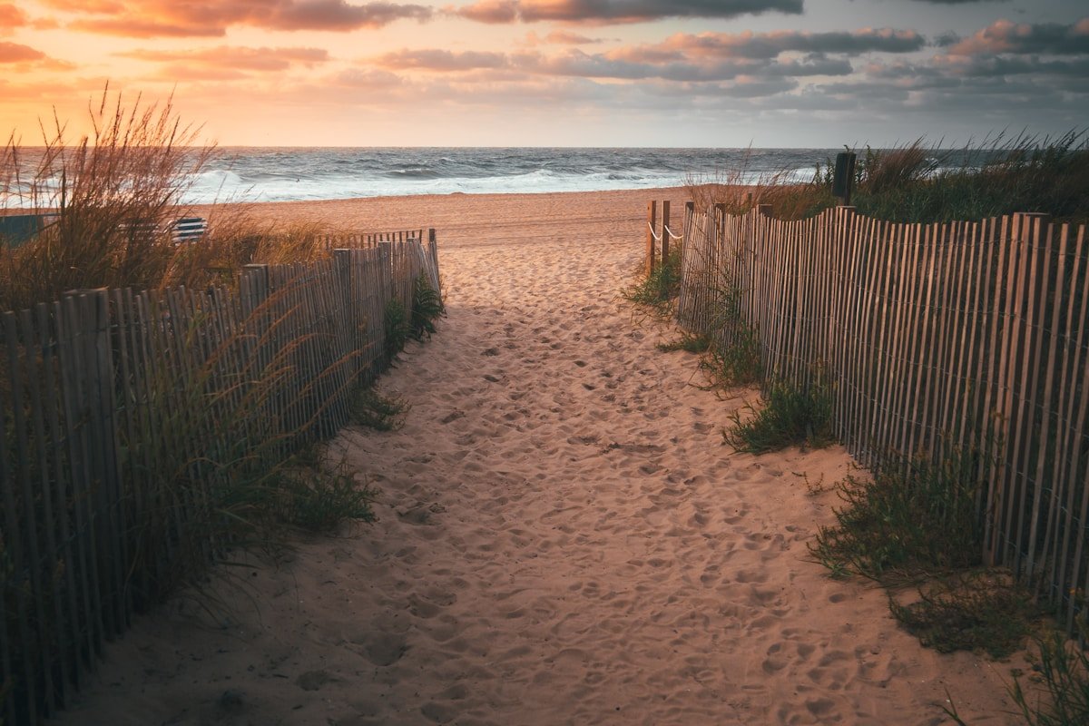 Delaware Rehoboth Beach Atlantic coast sunset sand path dunes ocean waves