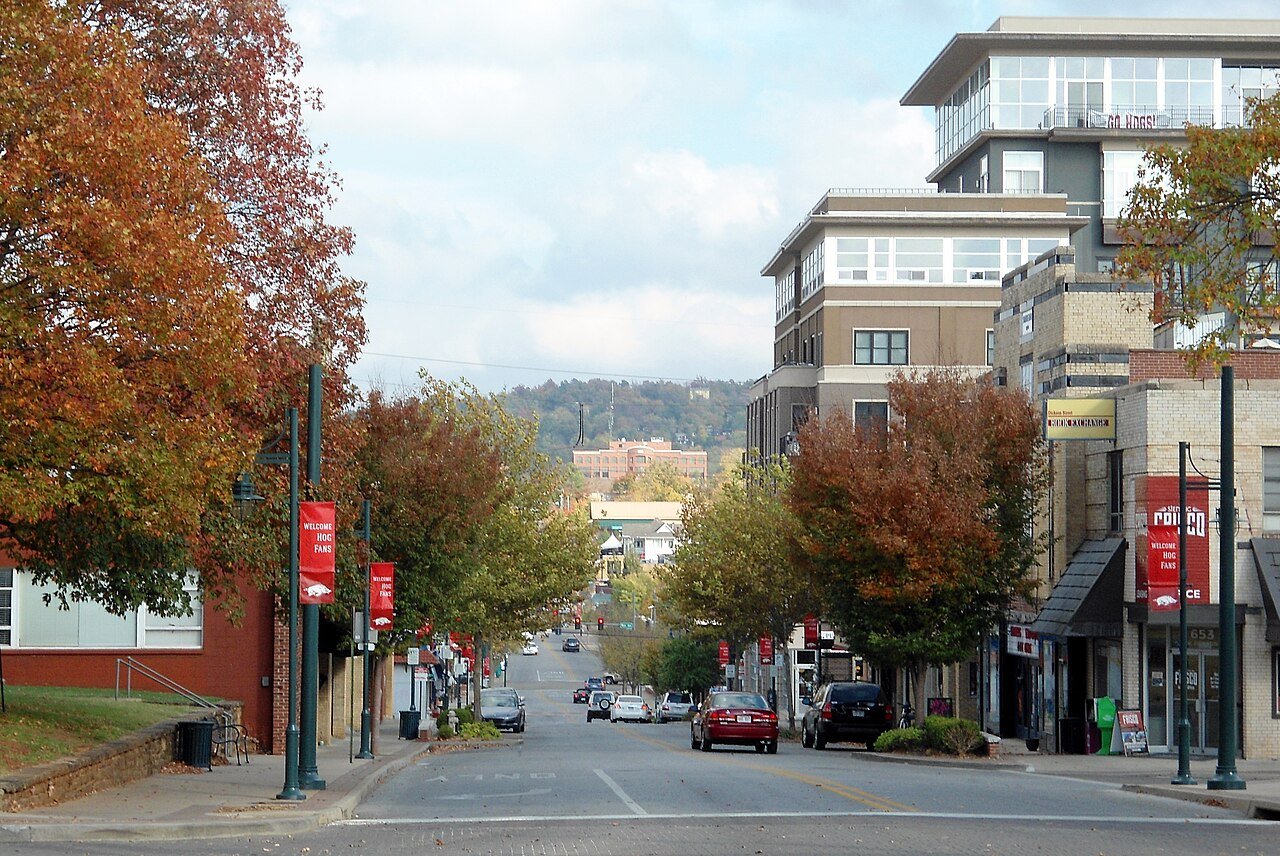 Dickson Street Fayetteville Arkansas fall foliage college town entertainment district University of Arkansas NWA