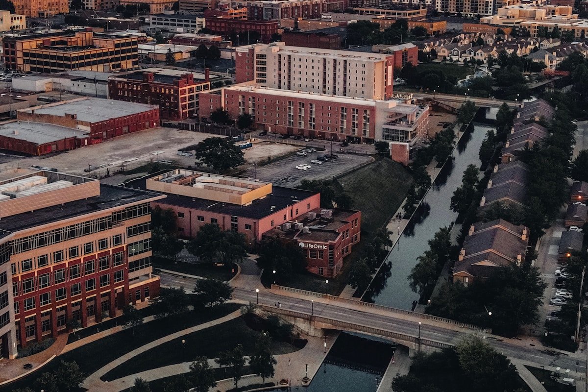 Indianapolis Indiana canal district dusk aerial city buildings