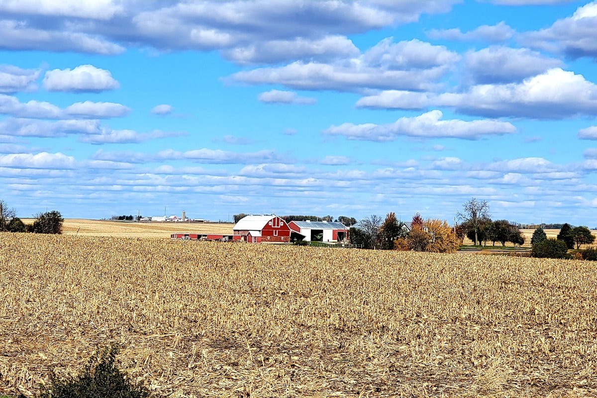 Iowa farm cornfield red barn Midwest landscape harvest autumn sky