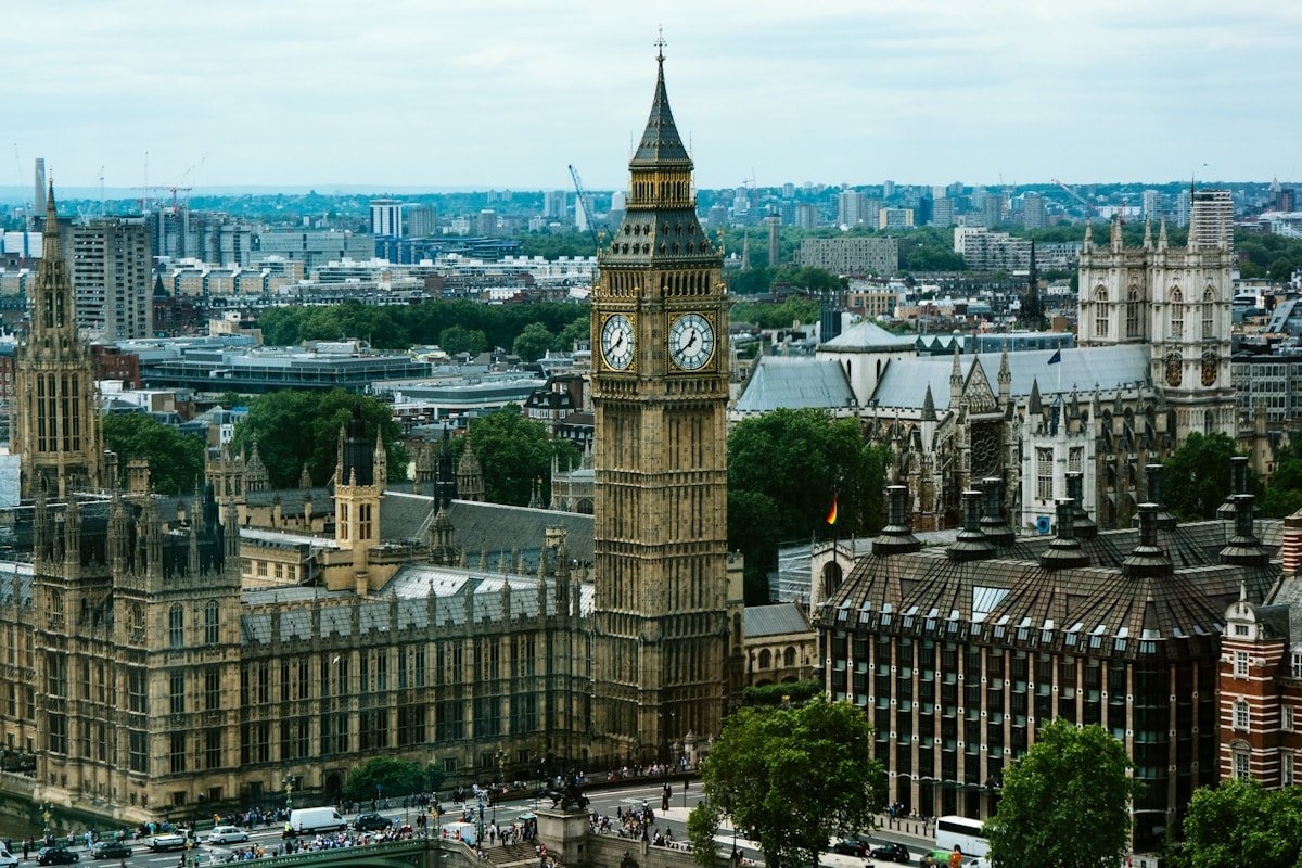 London England Big Ben Westminster Parliament aerial Thames River iconic landmarks