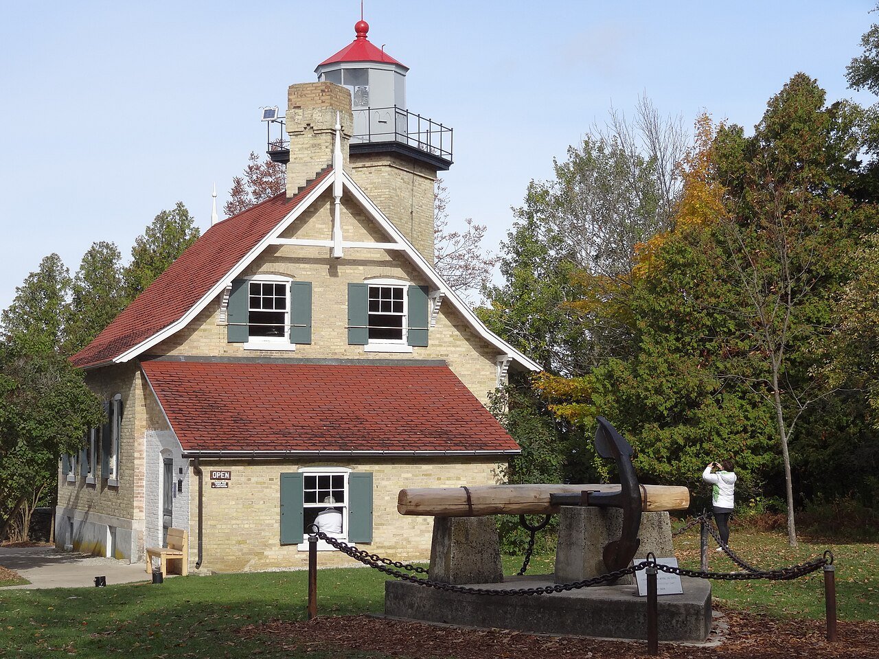 Eagle Bluff Lighthouse Peninsula State Park Door County Wisconsin cream brick tower fall foliage Green Bay