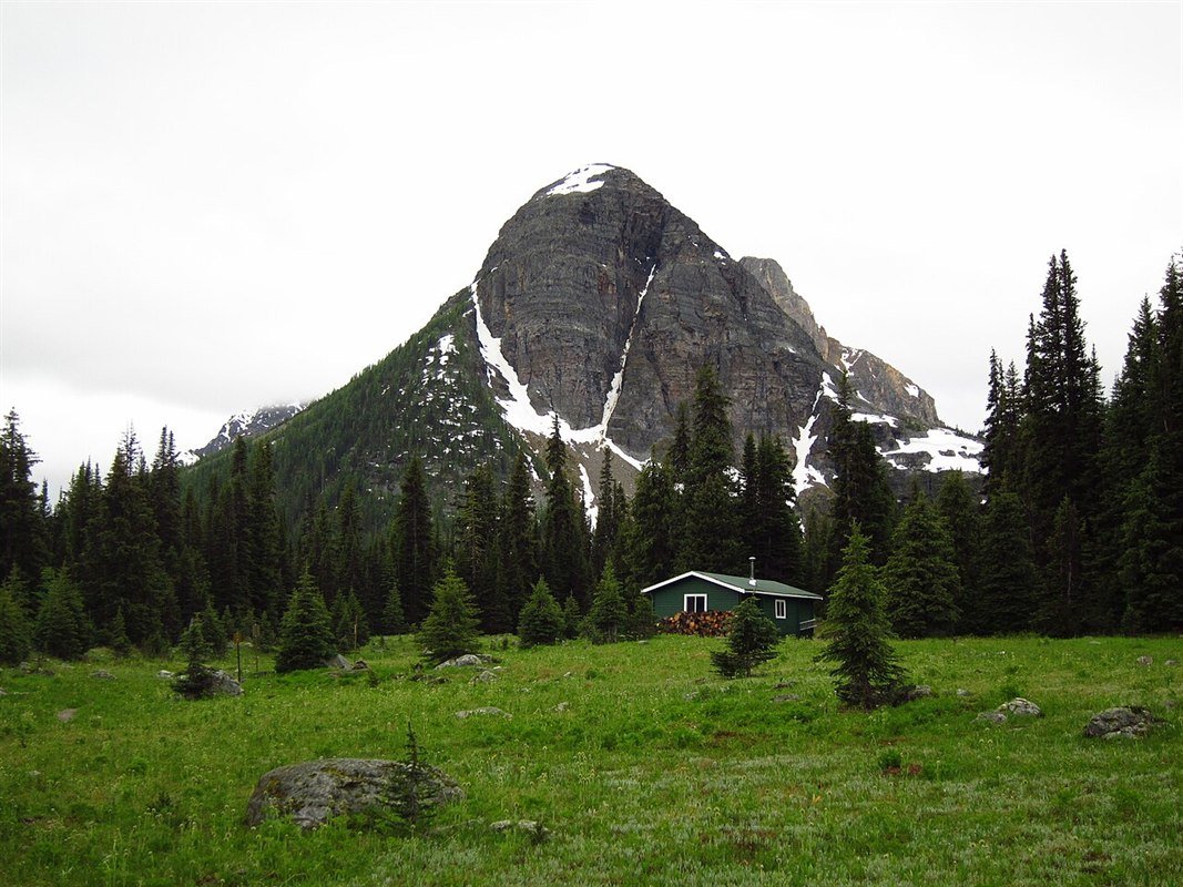 Egypt Lake backcountry shelter campground with Pharaoh Peak mountain Banff National Park Alberta