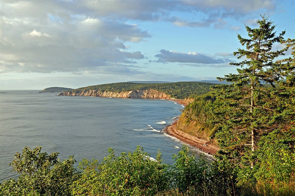 Cabot Trail coastal cliffs and ocean view from Lakies Head Look-Off Cape Breton Highlands National Park Nova Scotia