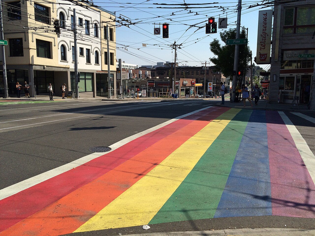 Capitol Hill Seattle Washington rainbow crosswalk Broadway Pike Pine LGBT neighborhood streetscape