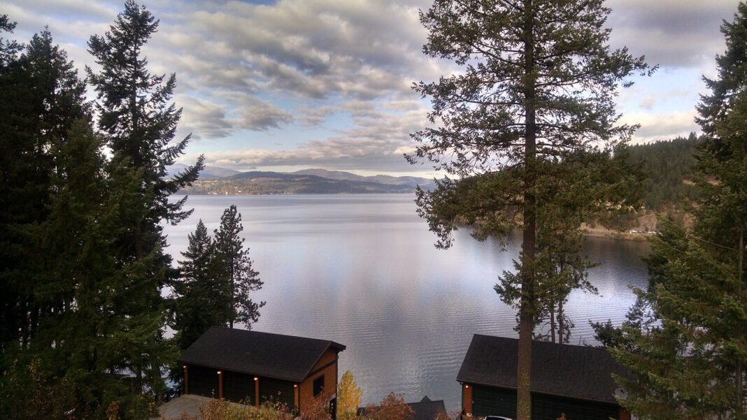Best Places to Live in Idaho 2026: City-by-City Guide Lake Coeur dAlene Idaho with forested mountains under a cloudy sky