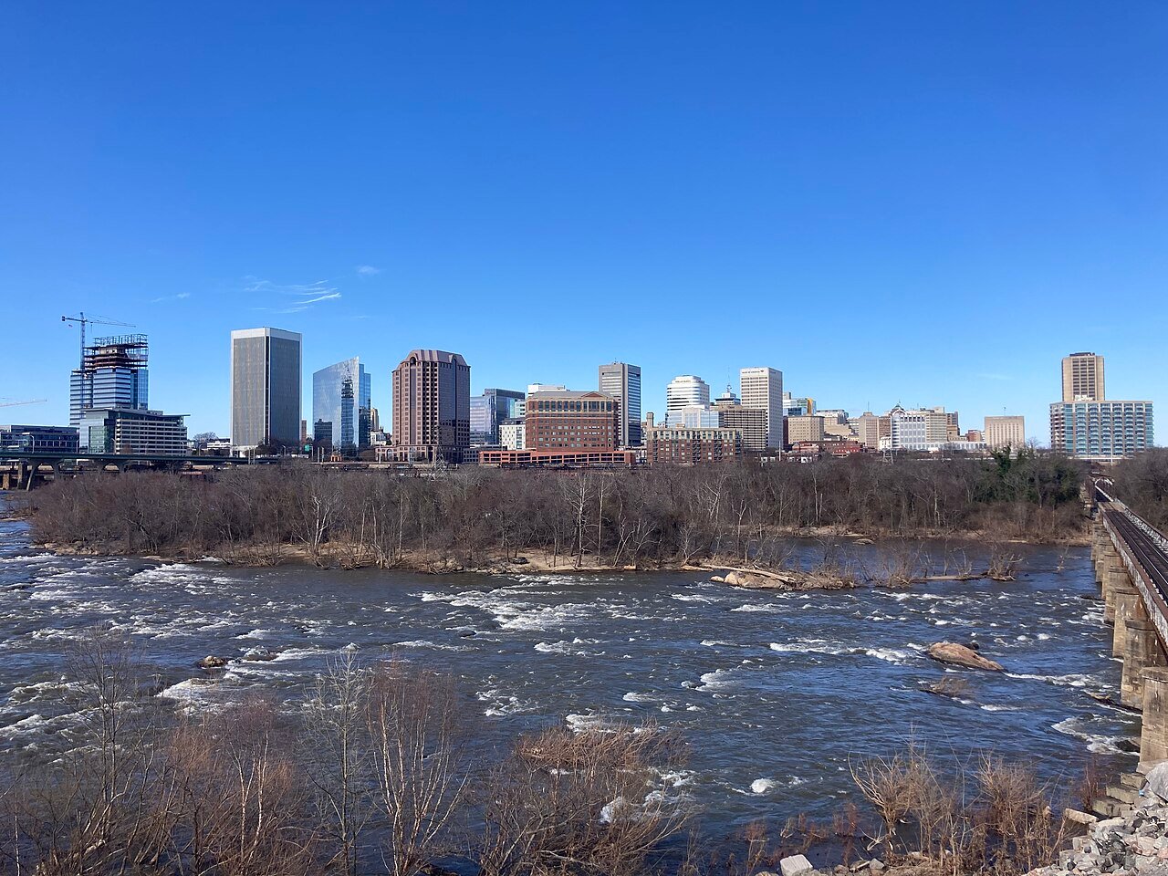 Downtown Richmond Virginia skyline across the James River, central Virginia capital city