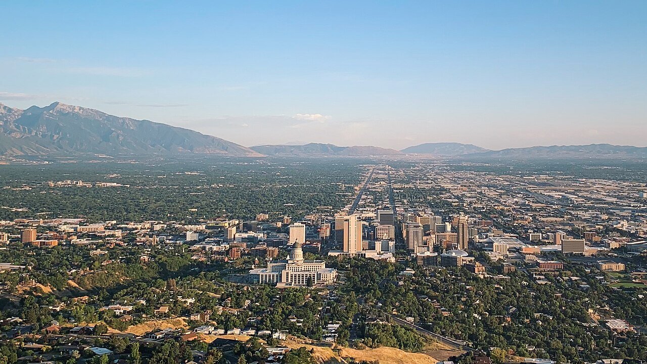 Salt Lake City skyline Utah Wasatch Mountains Ensign Peak aerial view downtown tech hub
