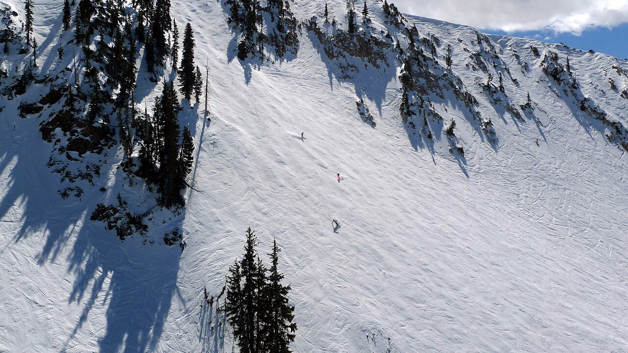 Skiers descending steep powder face at Snowbird in Little Cottonwood Canyon Utah Wasatch Range Greatest Snow on Earth