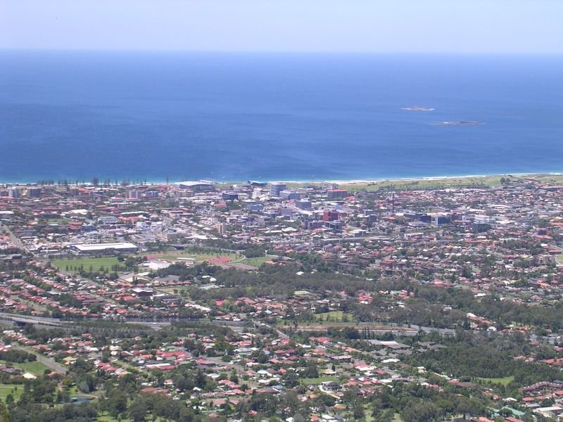 Wollongong city viewed from the Illawarra escarpment with beaches and the Pacific Ocean New South Wales Australia